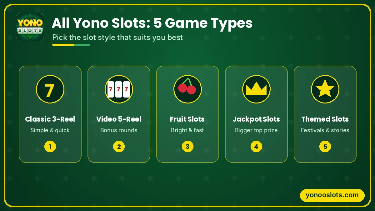 All Yono Slots game types - classic, video, fruit, jackpot and themed slots All Yono Slots game types - classic, video, fruit, jackpot and themed slots
